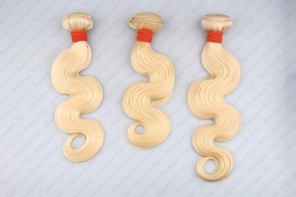 Three pieces of 613 hair placed side-by-side to highlight consistent volume and perfect color matching across multiple wefts
