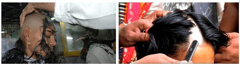 Left: Loose hair shaved without binding, Right: Hair tied before shaving