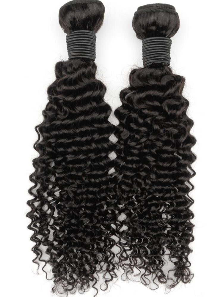 Two bundles of kinky curly hair extensions on display.