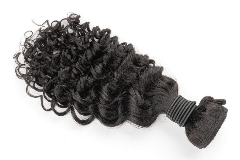 Black Line French Curly Hair bundle on white background.