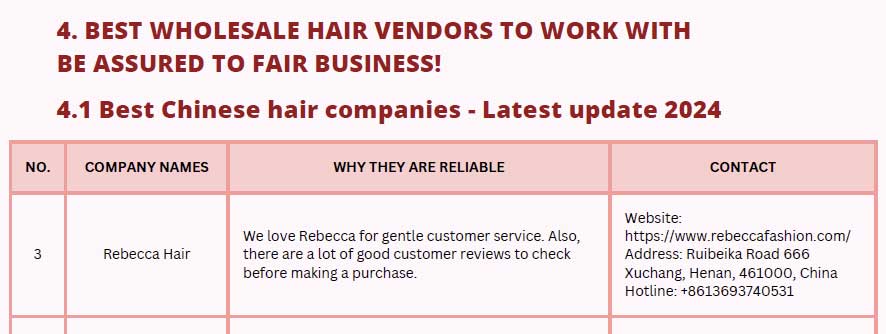 Table of best hair vendor list including Rebecca Hair.