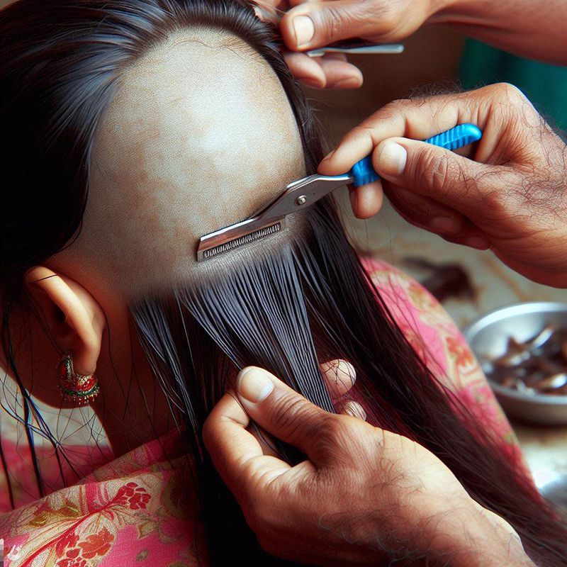 Captivating image of a traditional tonsure ceremony on an Indian woman.