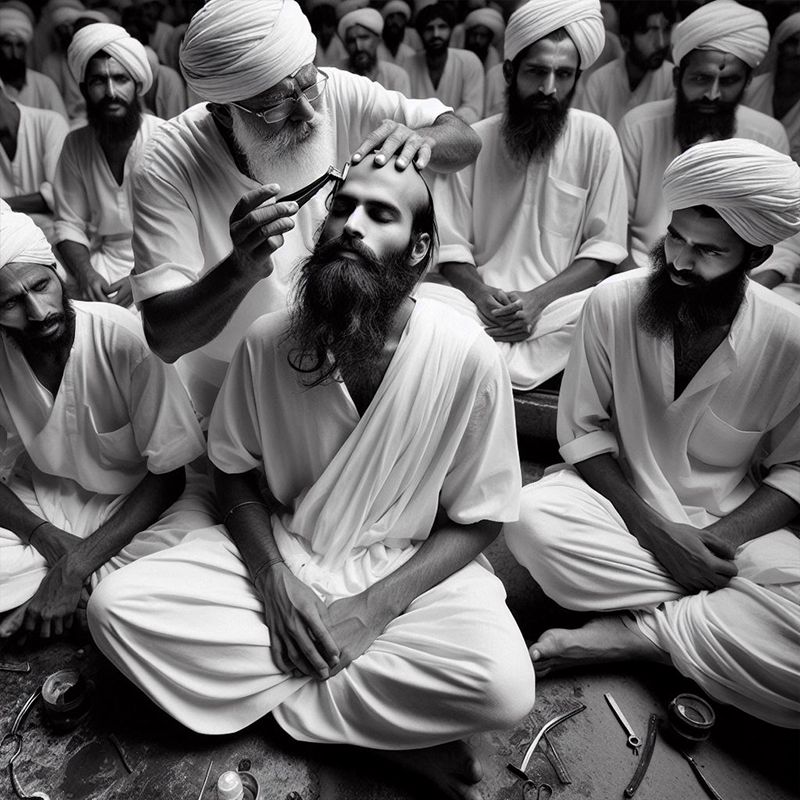 A powerful image capturing the traditional tonsuring of an Indian man's hair.