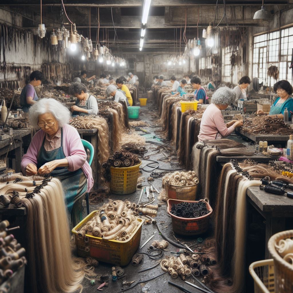 Hair Factory - AI-Generated Image Inside view of hair manufacturing facility.