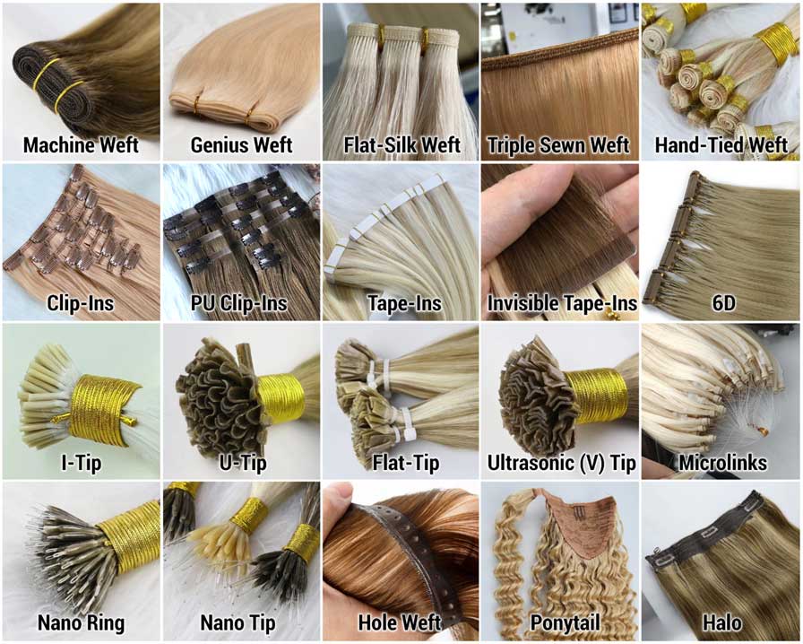 A variety of wholesale hair extensions showcasing different application methods.