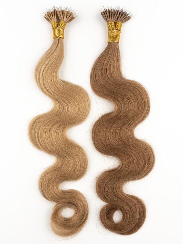 Two body wave nano ring extensions, one light brown and one medium brown.