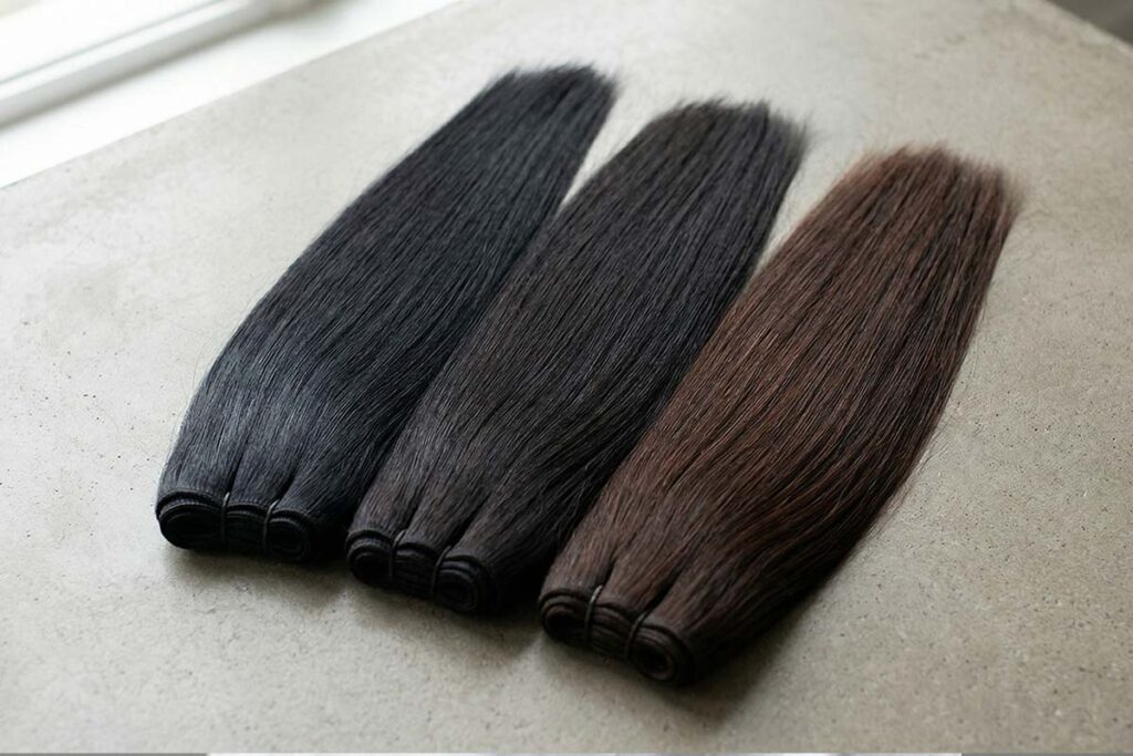 Side-by-side comparison of jet-black Color 1, off-black 1B, and natural color hair bundles showing warm brown undertones in sunlight.