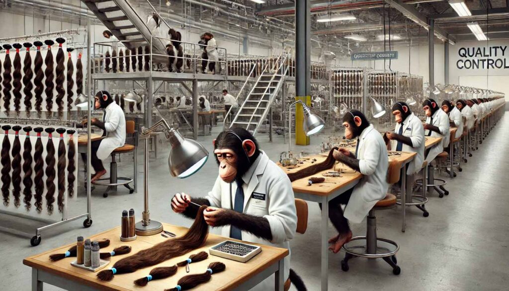 Monkeys picking lice from hair extensions at a hair supplier factory.