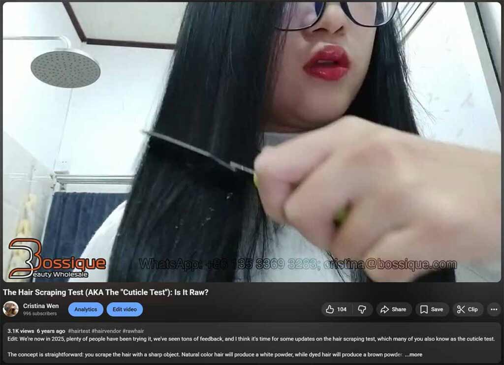 Screenshot of the original 2019 YouTube video where Cristina Wen first introduced the hair scraping test on natural hair.