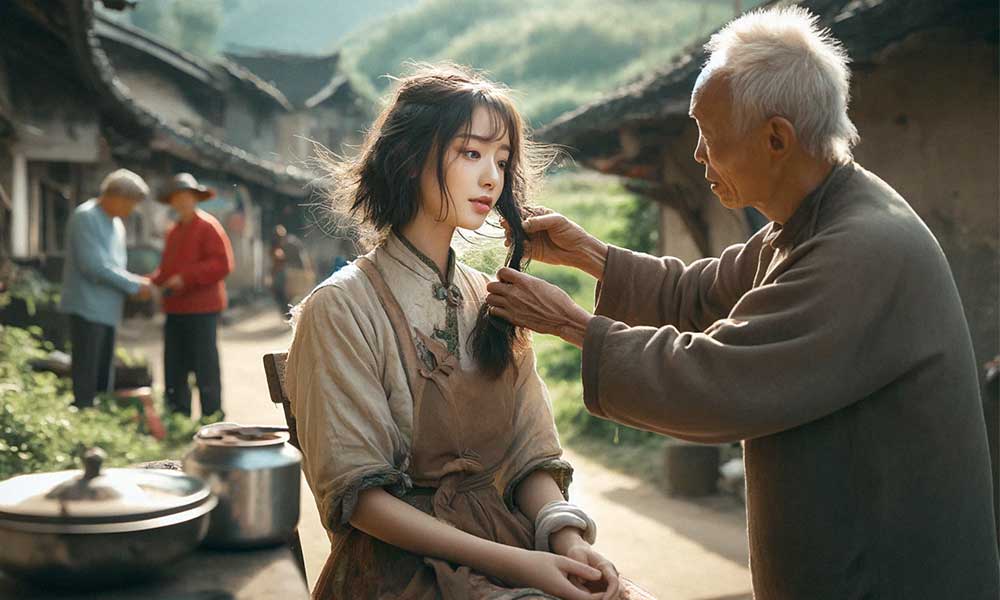 Young woman having her hair collected in a Chinese countryside environment, representing ethically sourced hair.