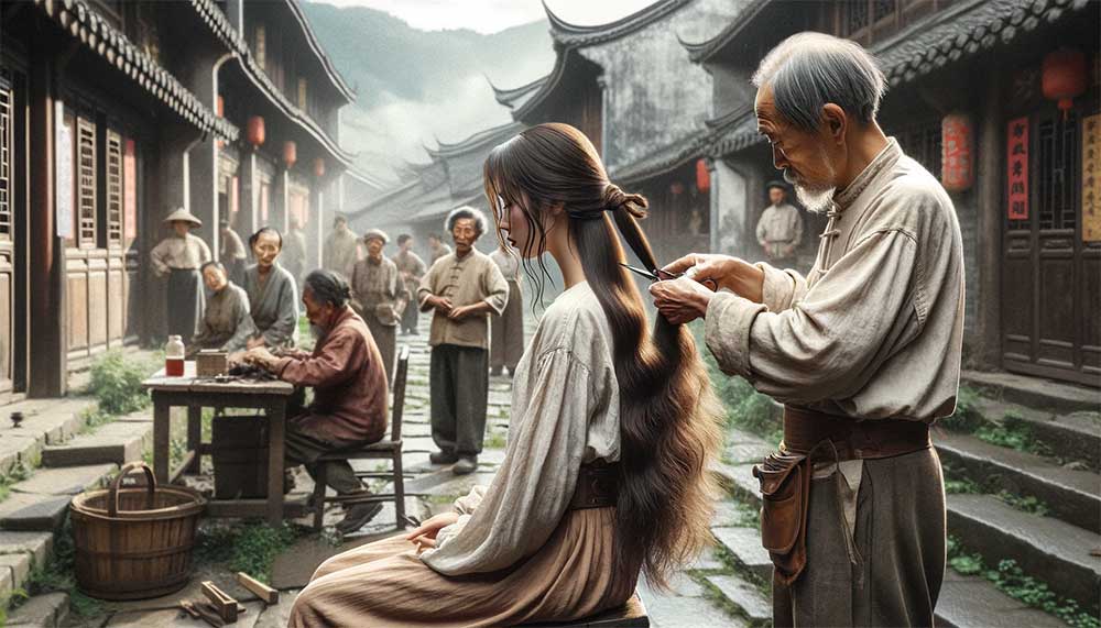 An elderly man cuts the long hair of a young woman in a rural Chinese village setting, symbolizing traditional hair sourcing for extensions.