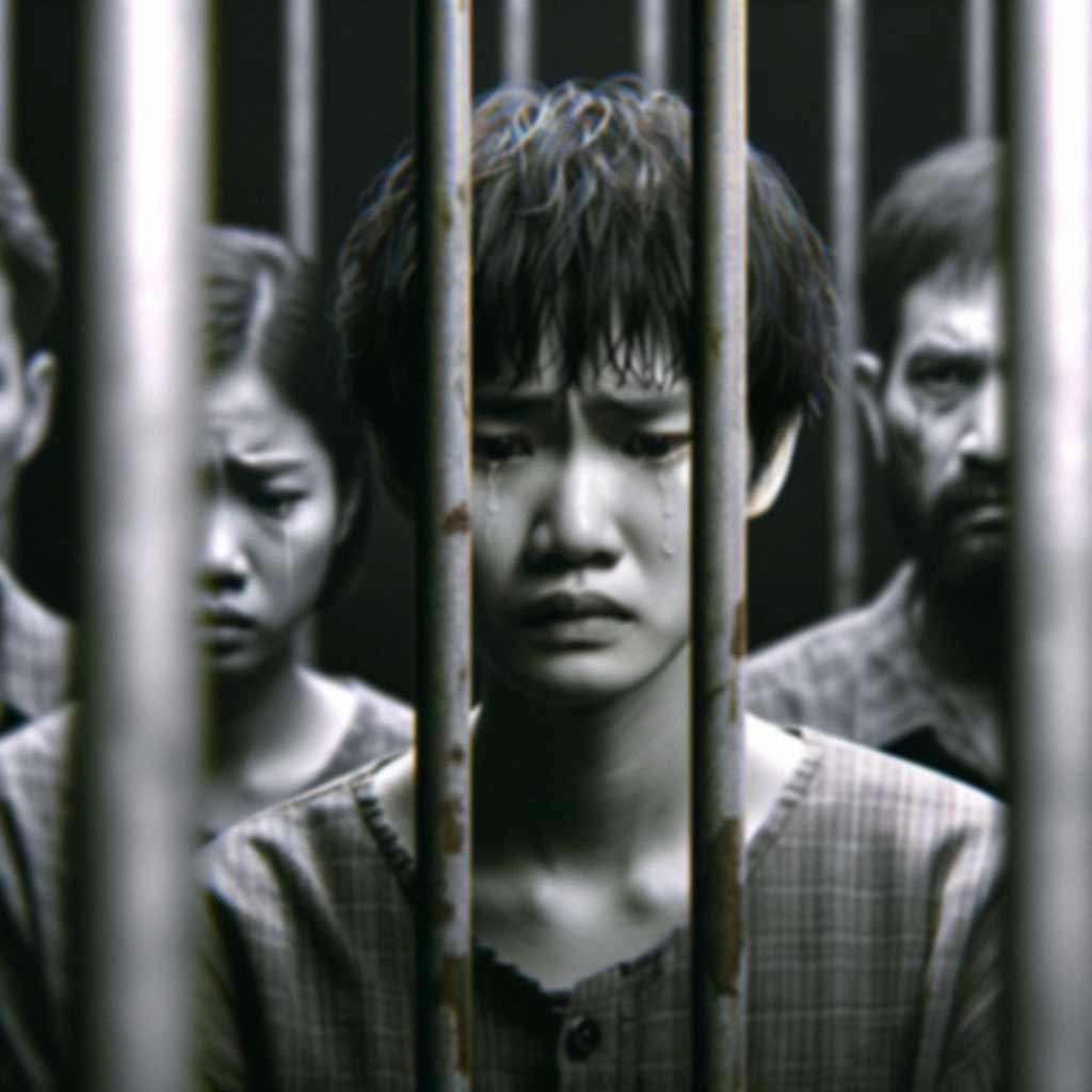 Asian woman behind bars with tears and carelessly cut short hair, depicting neglect and harsh conditions.