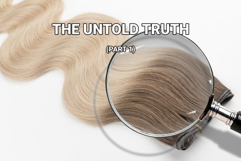 Blonde extensions with a brown root under a magnifying glass, revealing the untold truth about luxury hair extensions.