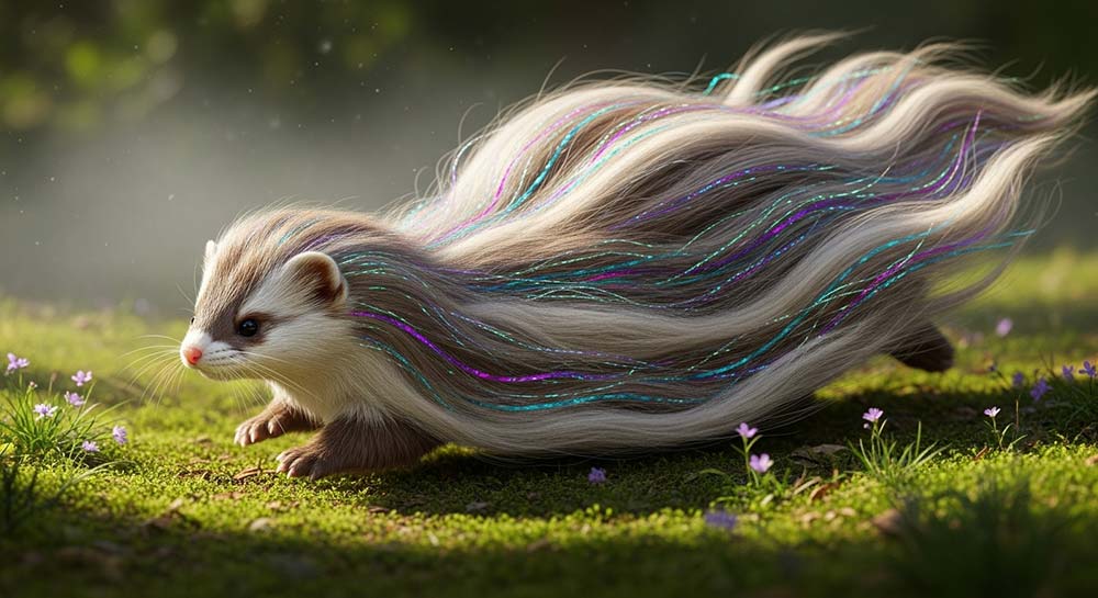 Humorous AI-generated image of a mink animal with long human hair extensions mocking the fake mink hair extensions marketing label.