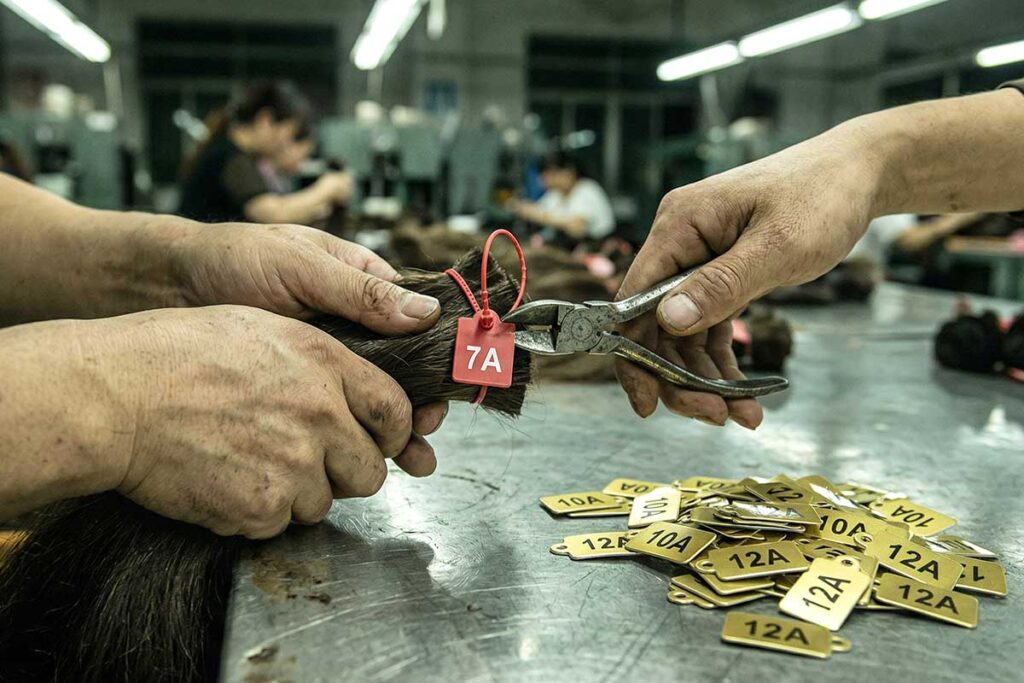 A Chinese factory worker replacing a 7A tag with 10A and 12A labels on a human hair bundle, demonstrating how hair grades are just marketing tools.