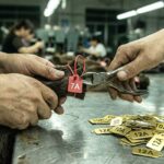A Chinese factory worker replacing a 7A tag with 10A and 12A labels on a human hair bundle, demonstrating how hair grades are just marketing tools.