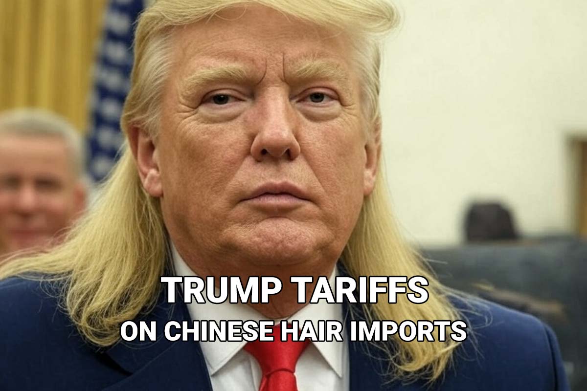 President Trump in the Oval Office, wearing a dark blue suit, white shirt, red tie, and blonde hair extensions extending slightly below his shoulders, for an article on Trump tariffs on Chinese hair imports.