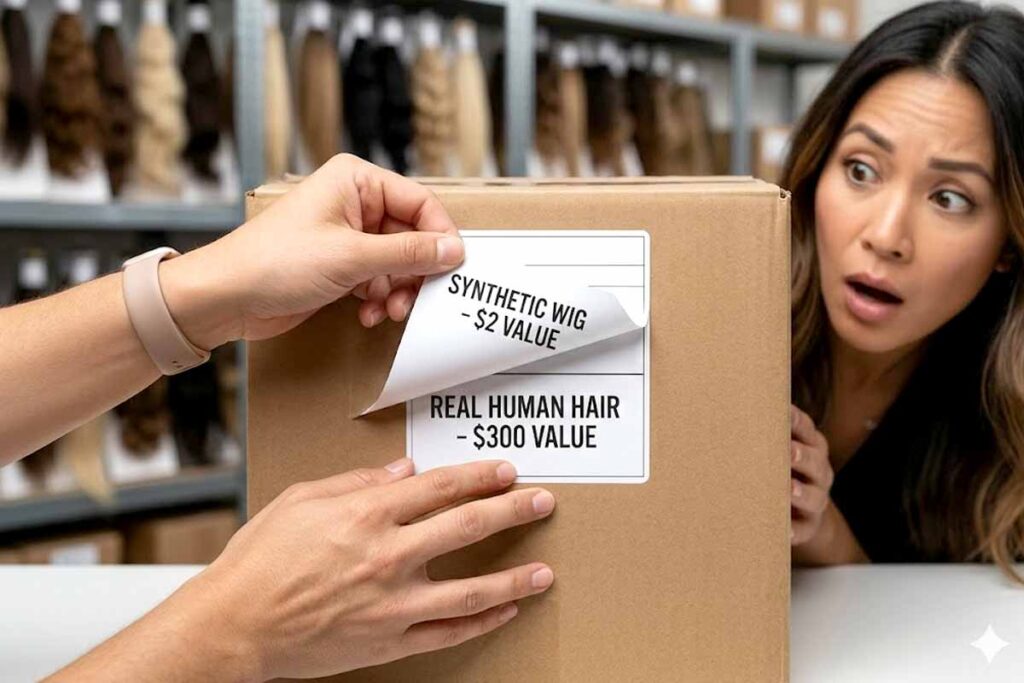 Hands peeling back a shipping label that reads "Synthetic Wig $2 Value" to reveal a hidden "Real Human Hair" label, illustrating how vendors minimize U.S. tariffs on Chinese hair extensions.