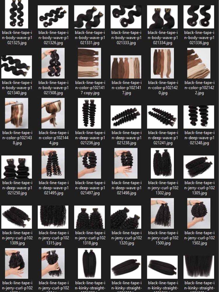 Black Line Tape-In Product Pictures displaying close-up views of hair extension lengths and textures.