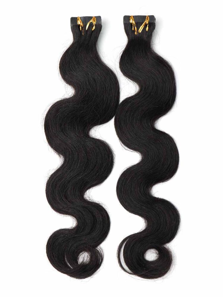 Two sets of Black Line body wave tape-in extensions shown together on a white background, 50g per bundle.