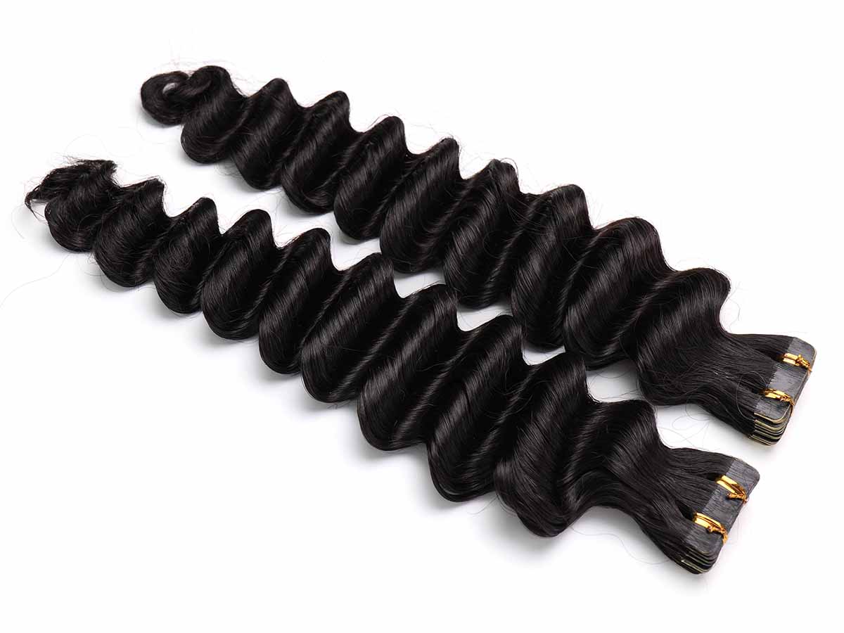 Angled image of deep wave tape-in extensions with the ends closest to the camera, showing full bundle layout.