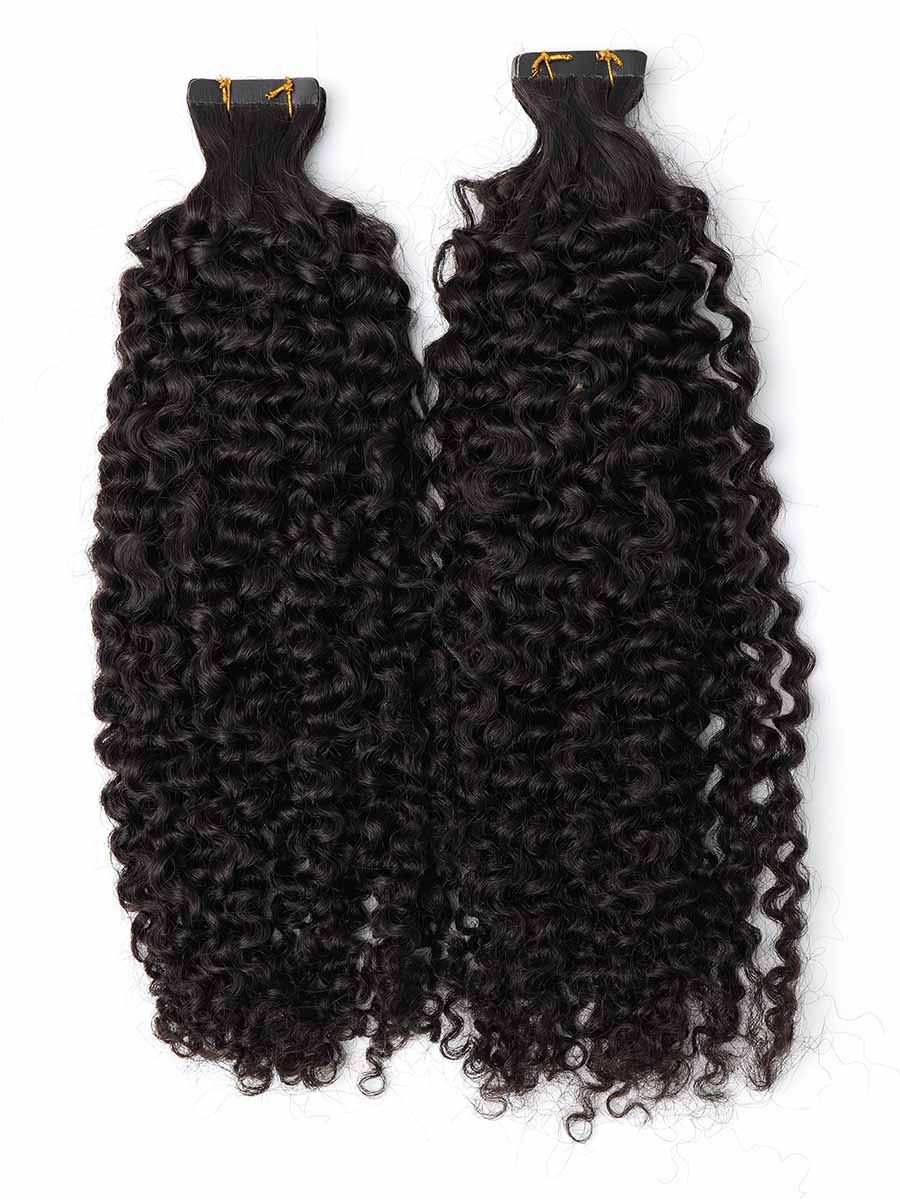 Two sets of Black Line jerry curl tape-in extensions laid on a white background, side by side.
