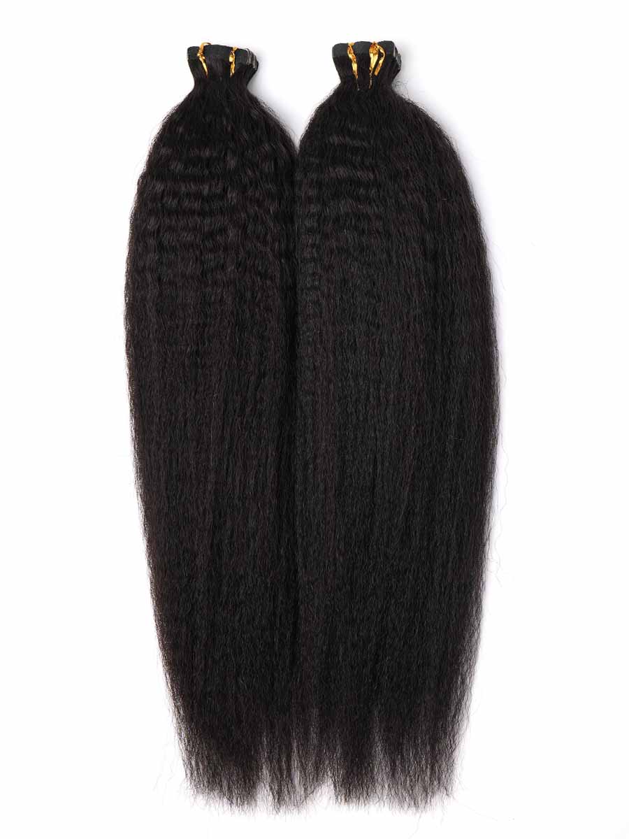 top-down shot of two kinky straight tape-in extensions on a white background