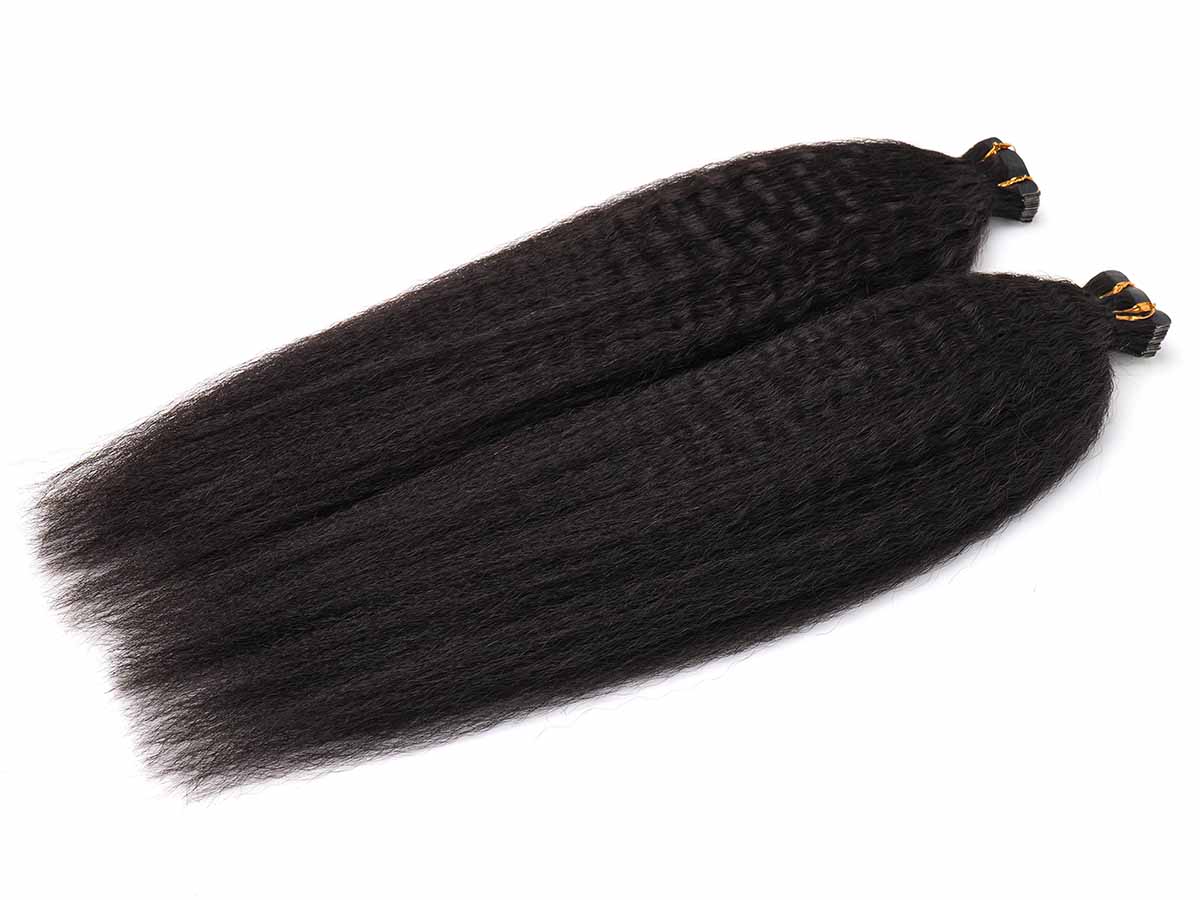 natural texture kinky straight tape-ins focused on the ends at an angle