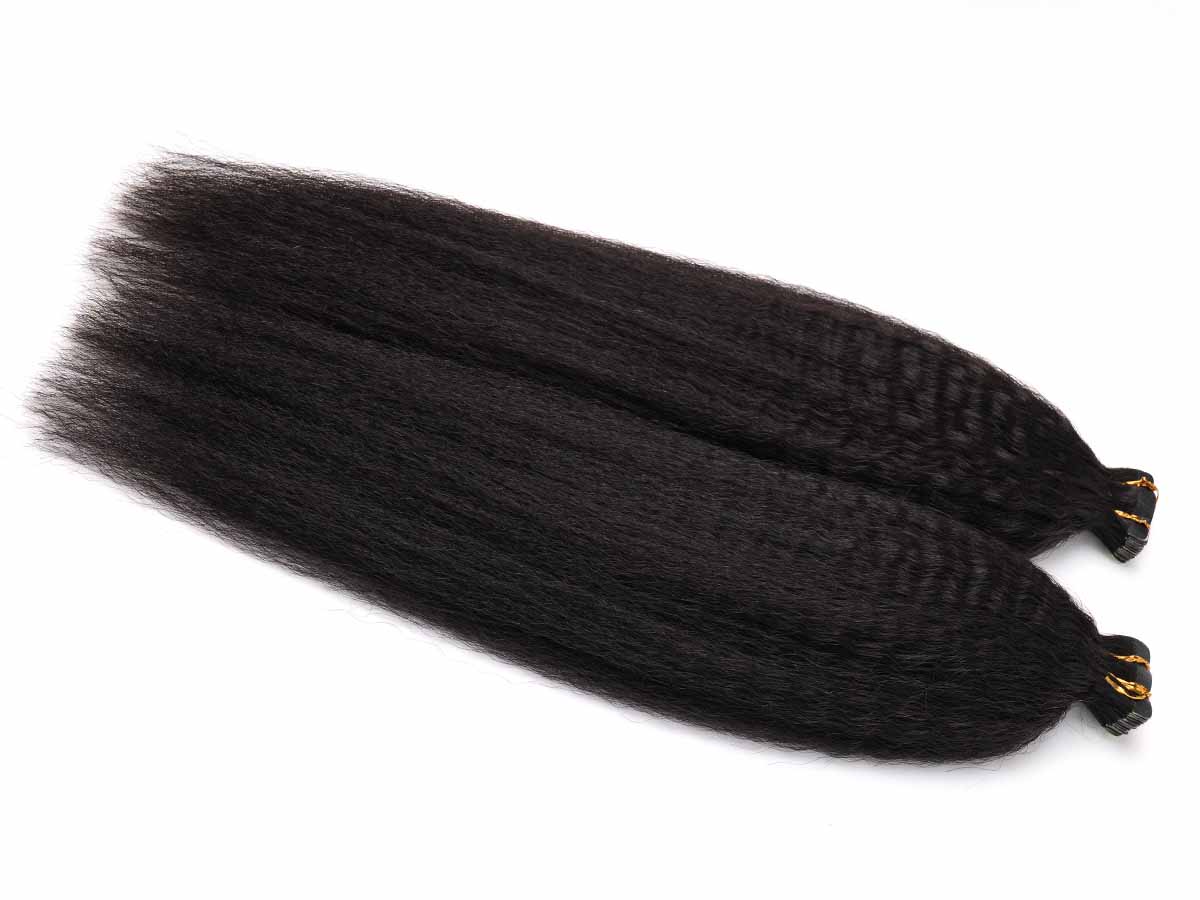 angled view of black line tape-ins highlighting front texture definition