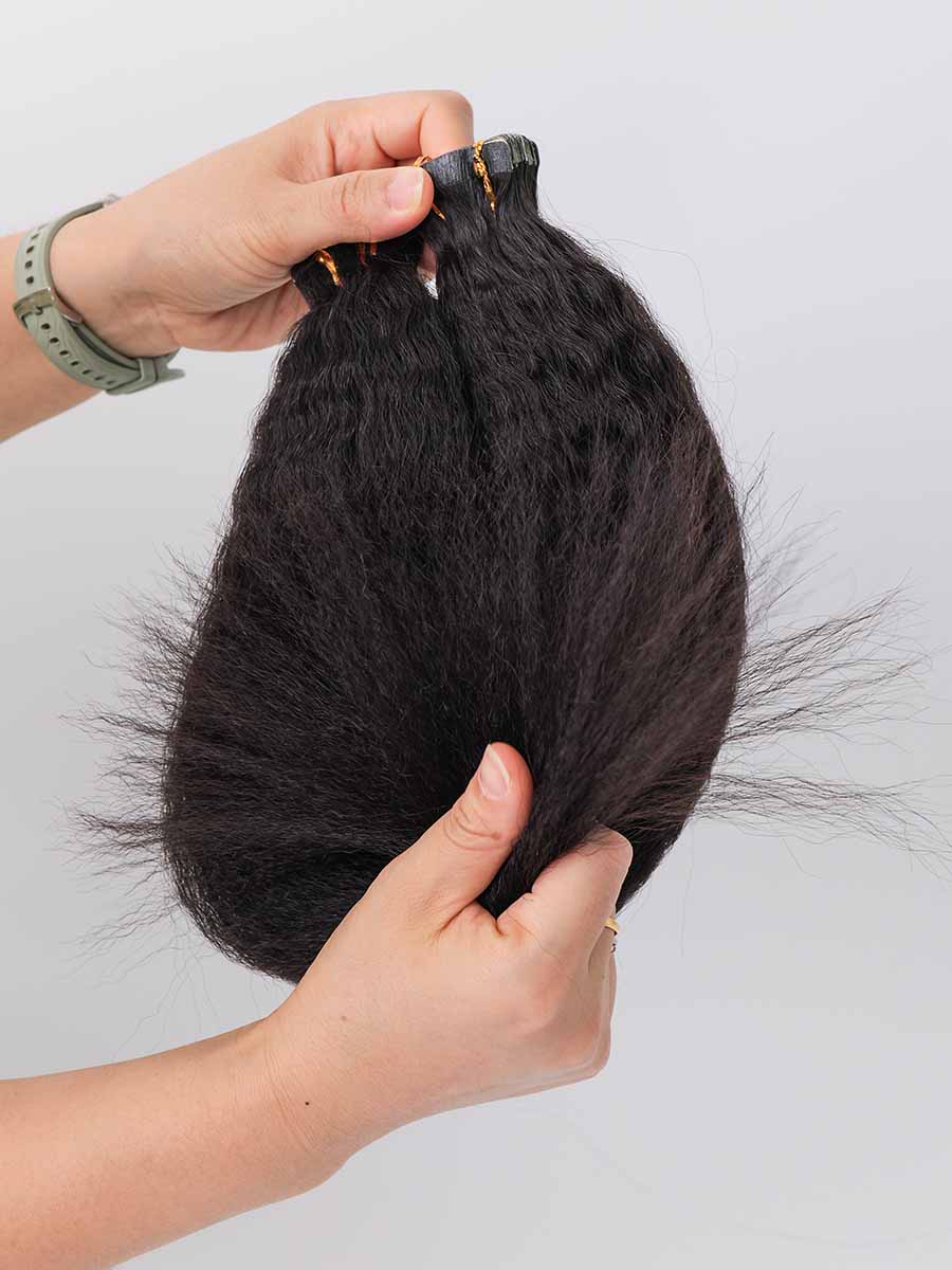 natural hair tape-ins folded at the ends showing healthy cuticles