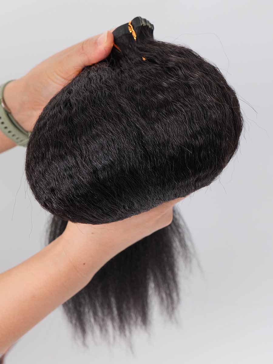 affordable kinky straight hair tape-ins showing full bundle with thick texture