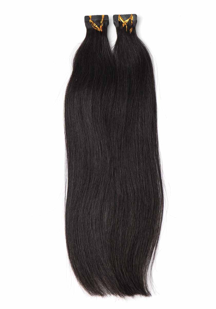 Black Line Straight Tape-In Extensions, 2 pieces, 50g, virgin hair with straight texture, angled view.