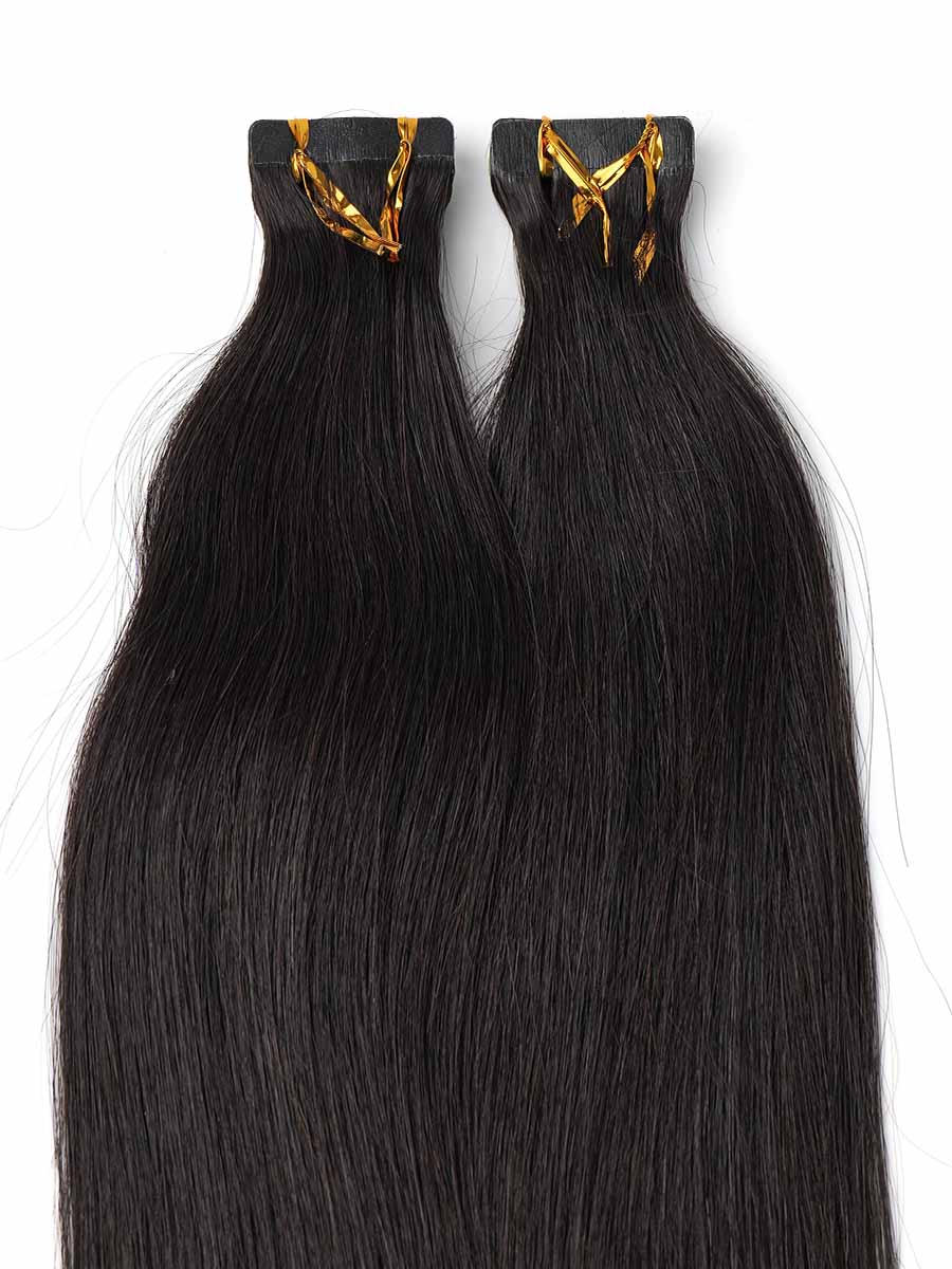 Black Line Straight Tape-In Extensions, 2 pieces, 50g, straight texture in soft lighting.