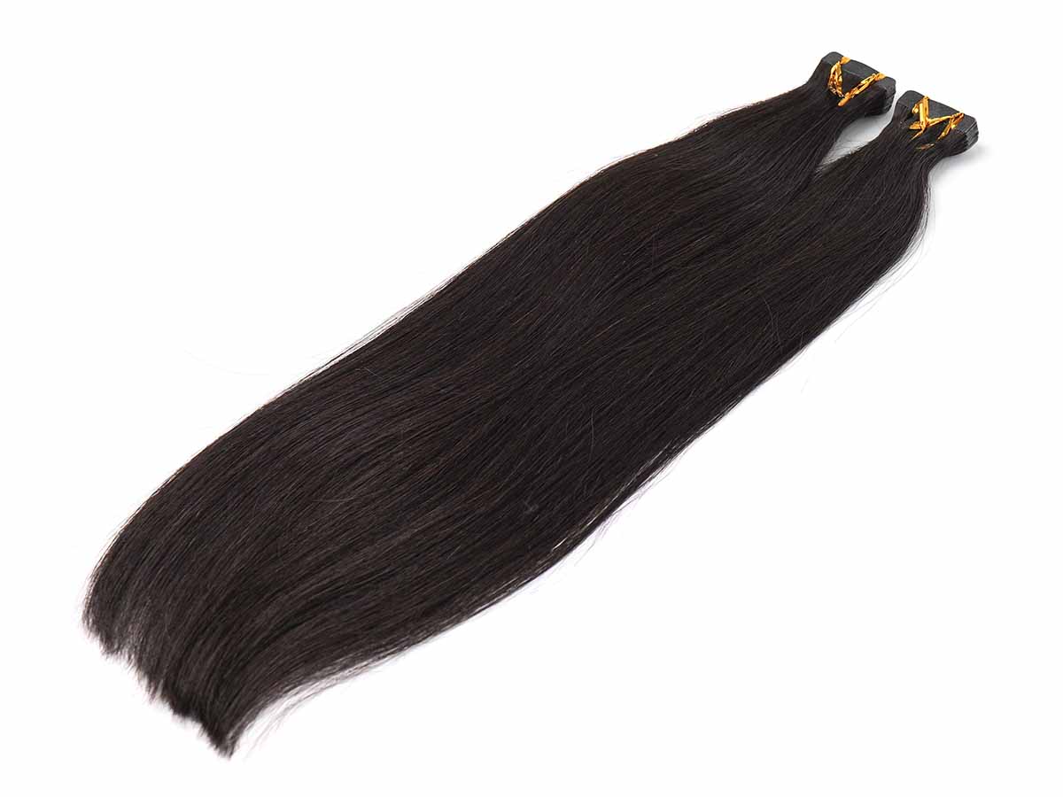 Black Line Straight Tape-In Extensions, 2 pieces, 50g, virgin hair with straight texture on a light surface.