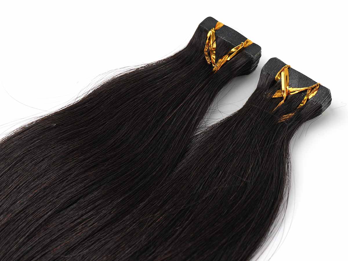 Black Line Straight Tape-In Extensions, 2 pieces, 50g, straight texture with a side perspective.