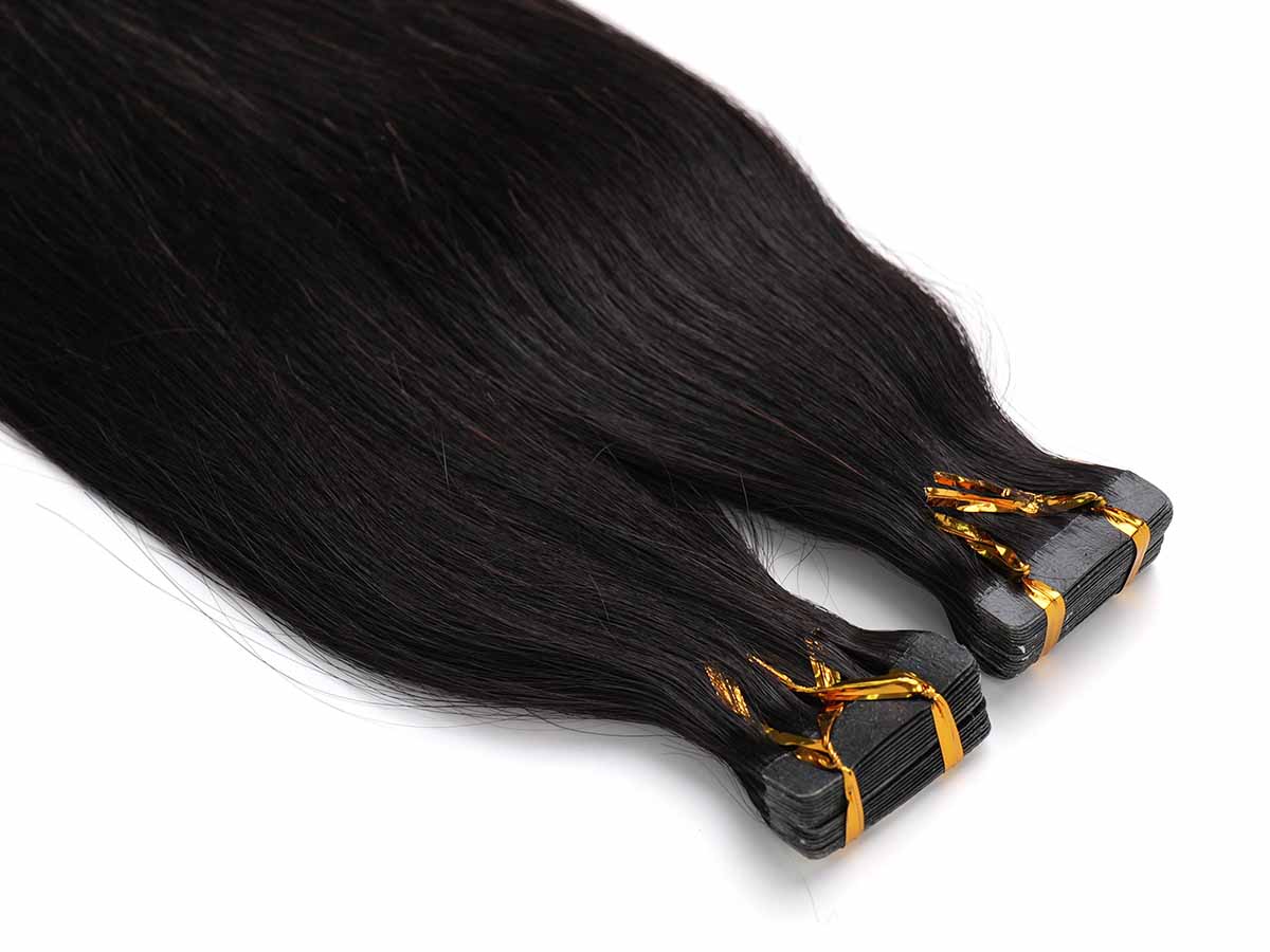 Black Line Straight Tape-In Extensions, 2 pieces, 50g, virgin hair with straight texture on a white surface.