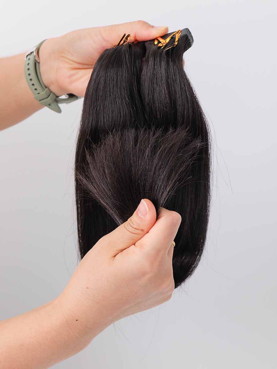 Black Line Straight Tape-In Extensions, 2 pieces, 50g, virgin hair with straight texture, top view.