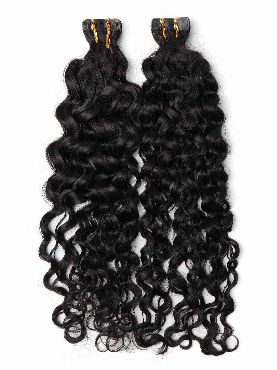 Two sets of Black Line water wave tape-in extensions laid out on a white background.