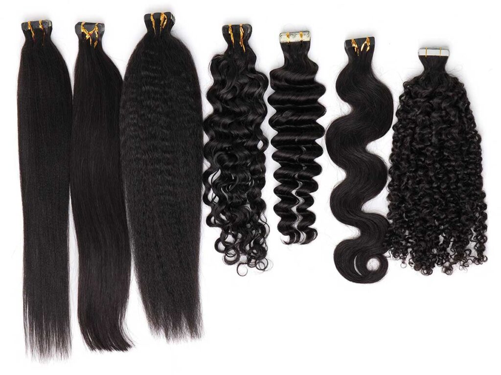 Various virgin hair textures shown in tape-in extension method