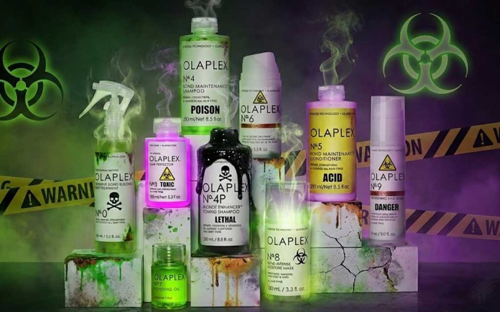 Collection of Olaplex products (No. 3, 4, and 5) discussed in relation to reports of hair loss, scalp inflammation, and allergic reactions.