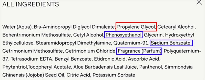 Olaplex ingredients list highlighting propylene glycol, sodium benzoate, phenoxyethanol, and fragrance; potential irritants linked to scalp burning and the Olapoison hair loss controversy.
