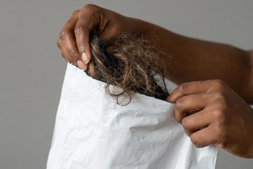 A close-up photograph of a pair of hands pulling a dry, tangled mess of frizzy hair from a plastic shipping mailer, illustrating the quality control risks of dropshipping hair extensions.