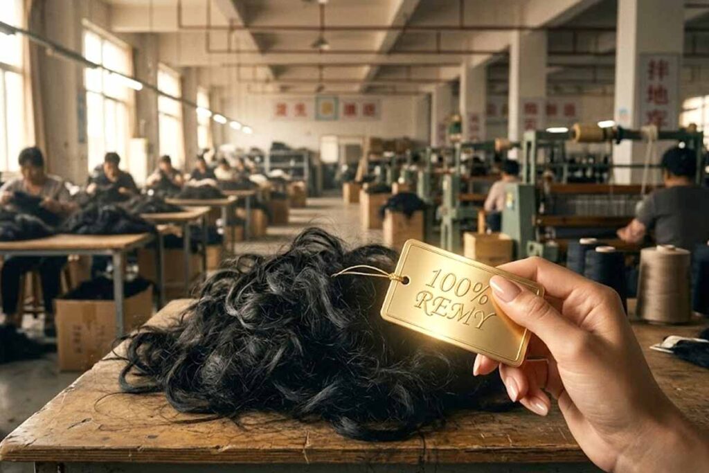 Remy hair extensions shown as a tangled, dull pile in a factory, attached to a fake 100% premium gold label.