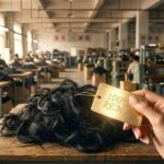 Remy hair extensions shown as a tangled, dull pile in a factory, attached to a fake 100% premium gold label.